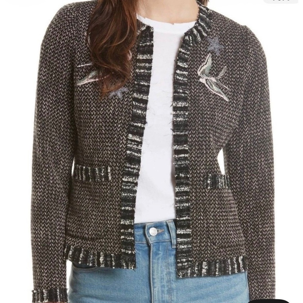 Rebecca Taylor Sz 4 Bird Embroidered Tweed Frayed Raw Hem Jacket Blazer Beaded - Picture 1 of 14